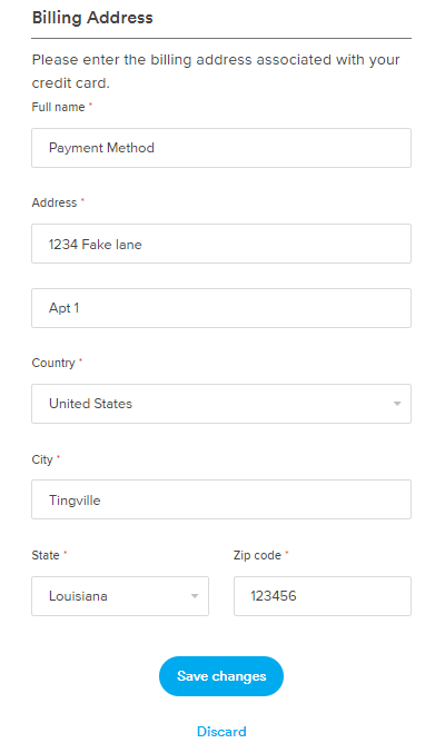 Image of the billing address field with fields for name, address, country, city, state, and zip.