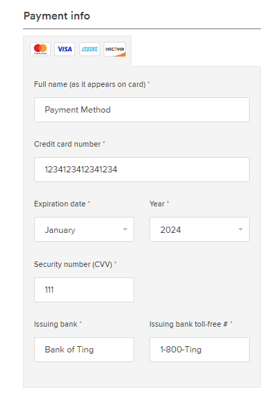 Image of the payment info section with fields to input customer name, credit card number, expiration date, security number/CVV, issuing bank, and issuing bank's toll-free number.