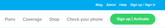 Image of the sign up/activate button that appears in the upper right of the screen next to the plans, coverage, shop, and check your phone tabs.